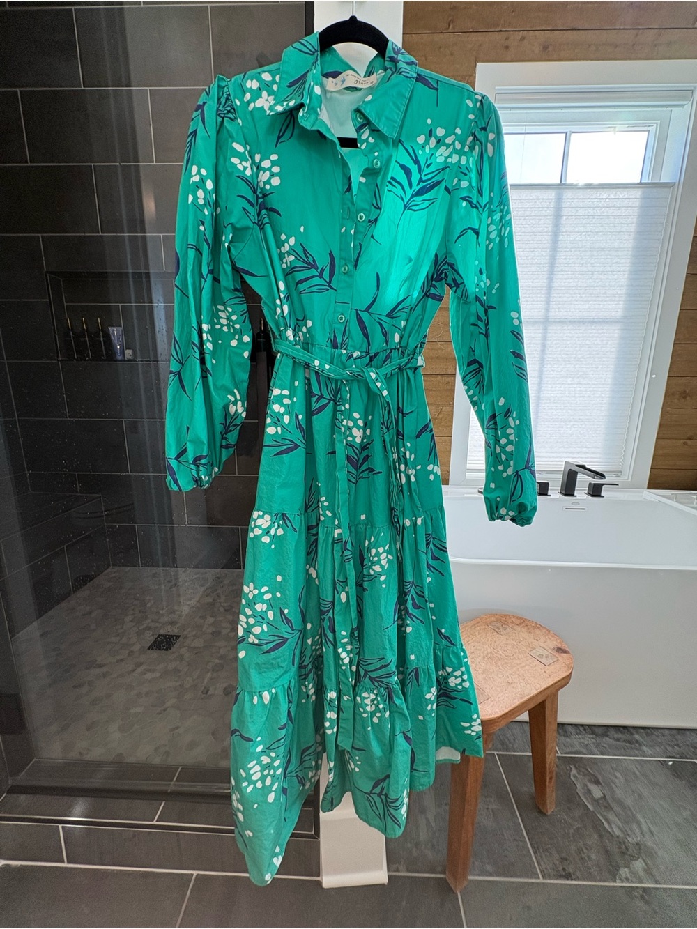 Grace - Green Floral Button-Front Midi Dress with Belt